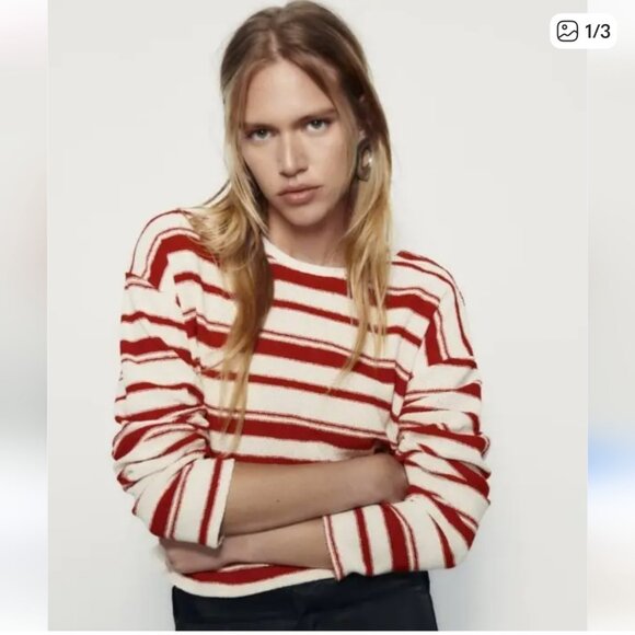 Zara Sweaters - Zara women'sred and white striped cropped sweater size small